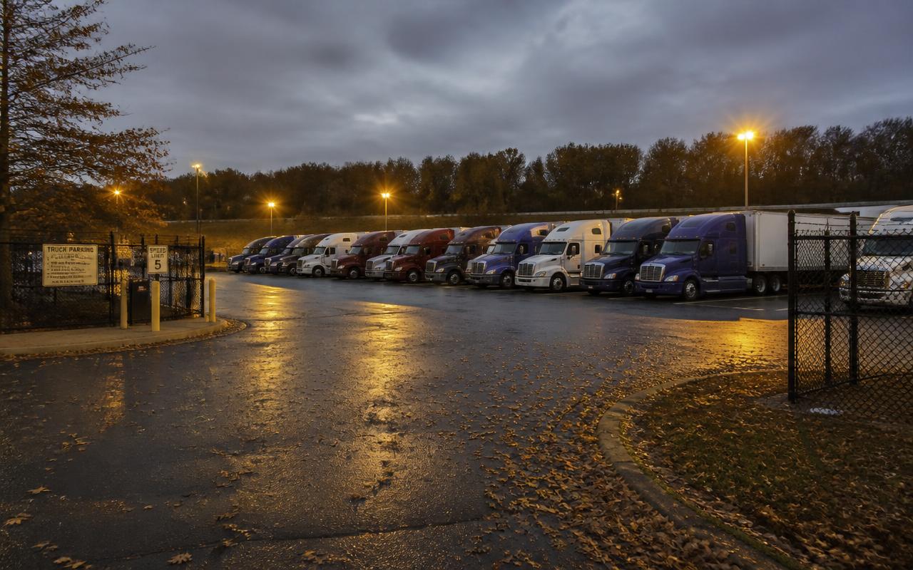 Semi trucks parked in a fenced, floodlit lot on an early autumn evening off I-95 in Virginia