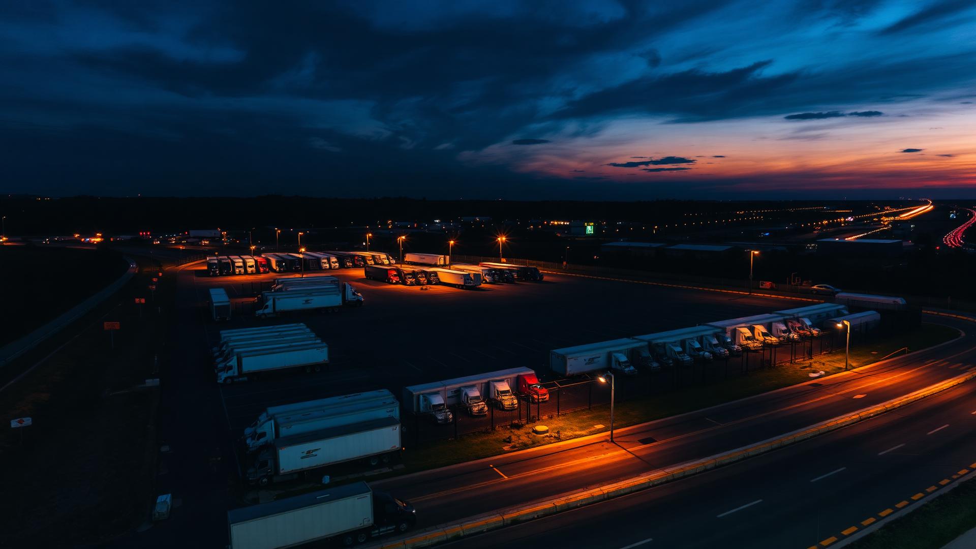 Aerial view of secure commercial truck parking lot off I-95 in Virginia at dusk