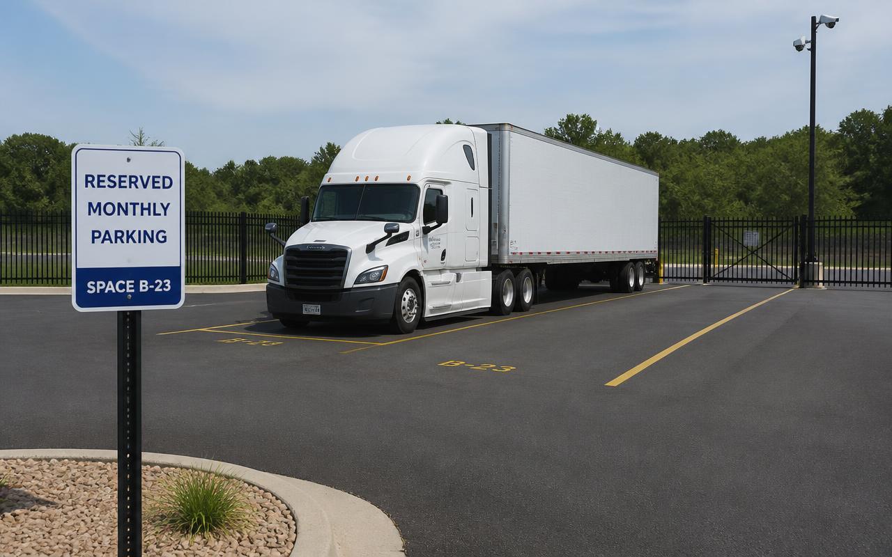 A tractor trailer in a marked reserved monthly parking stall inside a fenced Virginia truck lot